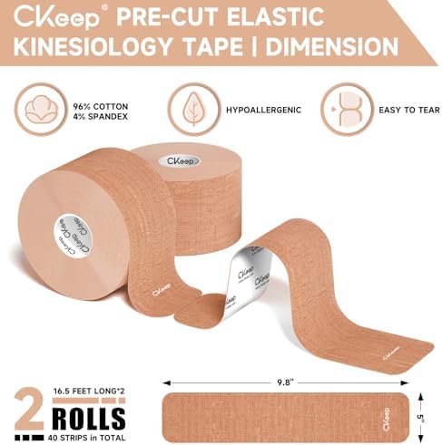 CKeep Kinesiology Tape (2 Rolls) Original Cotton Elastic Premium Athletic Tape 33 Ft 40 Precut Strips In Total Hypoallergenic And Waterproof K Tape For Muscle Pain Relief And Joint Support