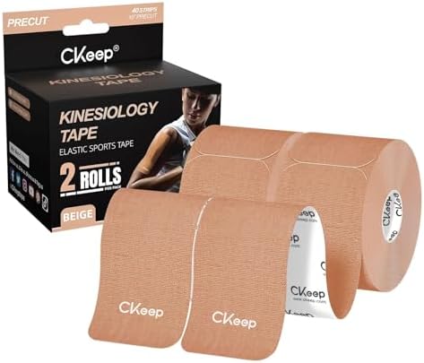 CKeep Kinesiology Tape (2 Rolls) Original Cotton Elastic Premium Athletic Tape 33 ft 40 Precut Strips in Total Hypoallergenic and Waterproof K Tape for Muscle Pain Relief and Joint Support