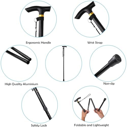 Comfkey Folding Lightweight Walking Stick - Adjustable Aluminum Metal Collapsible Travel Cane With Non-Slip Rubber Base