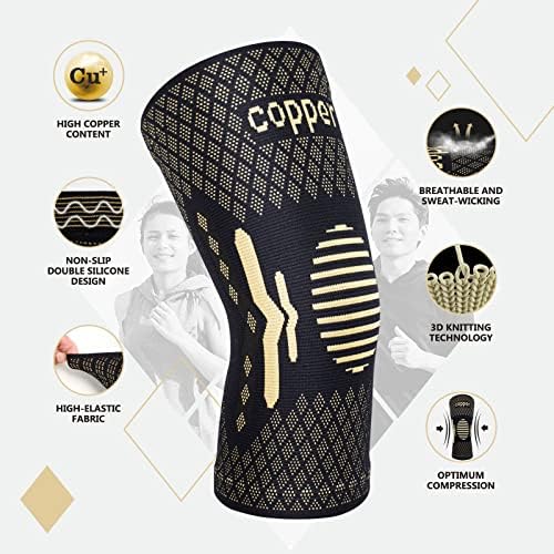 Copper Knee Brace 2 Pack Knee Compression Sleeve For Men & Women Best Knee Support Braces For Meniscus Tear ACL Arthritis Weightlifting Running Workout Sports And Knee Pain Relief