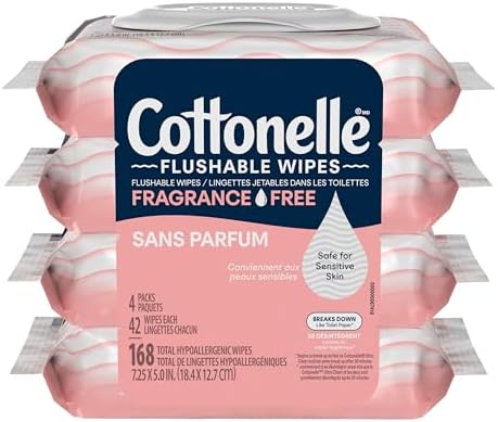 Cottonelle Fragrance Free Flushable Wet Wipes Adult Wet Wipes 4 Flip-Top Packs 42 Wipes Per Pack (168 Total Flushable Wipes)