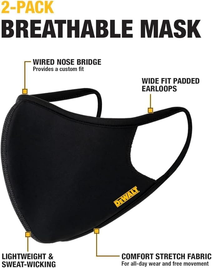 DEWALT Breathable Cloth Face Masks — Adjustable Earloops And Removable Neckstrap — Black — 2-Pack
