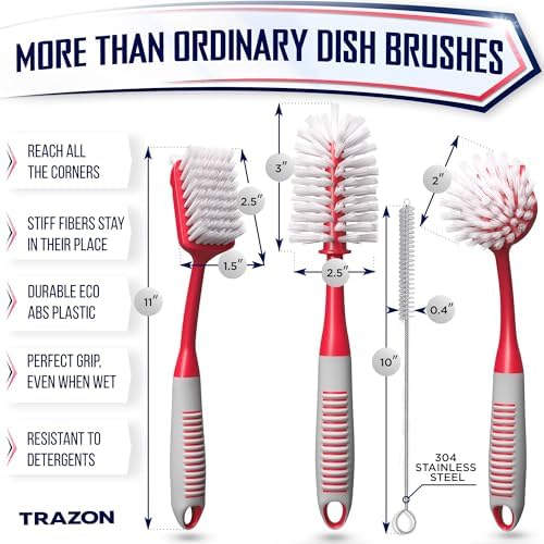 Dish Brush Set Of 4 With Bottle Water Brush Dish Scrub Brush Scrubber Brush And Straw Brush - Kitchen Scrub Brushes Ergonomic Non Slip Long Handle For Cleaning Cleaner Wash Dish Sink Dishes Cup Pot