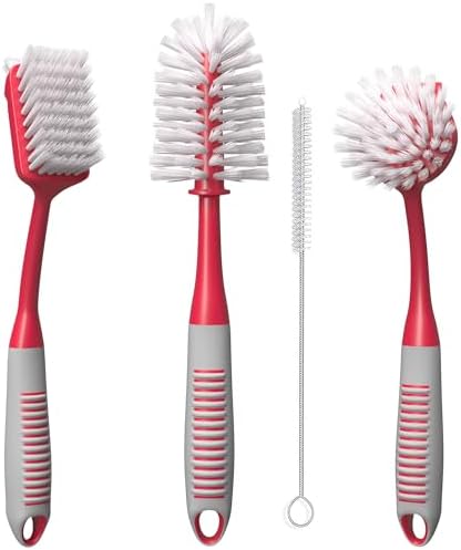 Dish Brush Set of 4 with Bottle Water Brush Dish Scrub Brush Scrubber Brush and Straw Brush - Kitchen Scrub Brushes Ergonomic Non Slip Long Handle for Cleaning Cleaner Wash Dish Sink Dishes Cup Pot