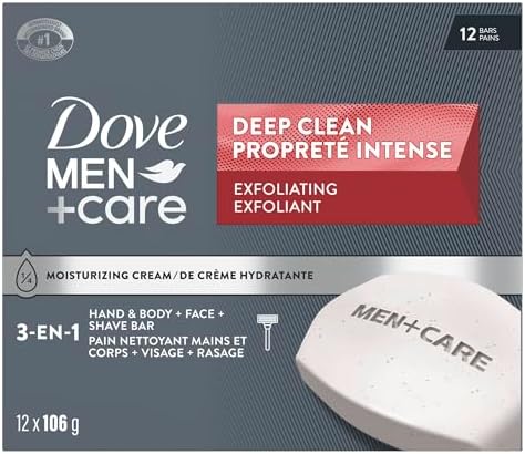 Dove Men+Care Hand & Body + Face + Exfoliation Bar Soap Deep Clean soap bar with ¼ moisturizing cream 106g (Pack of 12 Bars)
