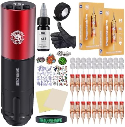 Dragonhawk Beginner Tattoo Kit Wireless Complete Pro Tattoo Gun Pen Machine Kit Cartridges Tattoo Machine Needles