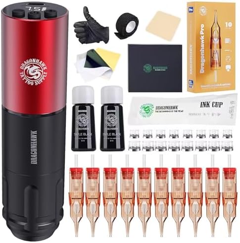 Dragonhawk Beginner Tattoo Kit Wireless Complete Pro Tattoo Gun Pen Machine Kit Cartridges Tattoo Machine Needles (Red)