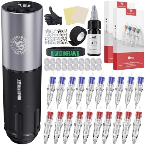 Dragonhawk Beginner Tattoo Kit Wireless Complete Pro Tattoo Gun Pen Machine Kit Cartridges Tattoo Machine Needles