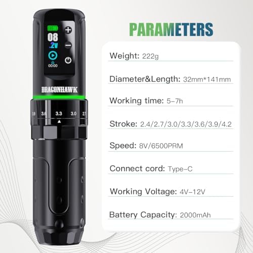 Dragonhawk L3 Cordless/Cord Tattoo Gun Rotary Pen Machine Powerful Mcore-L Tattoo Motor Smart Display 2 000mAh Battery Power Supply 7 Strokes Length For Pro Artists