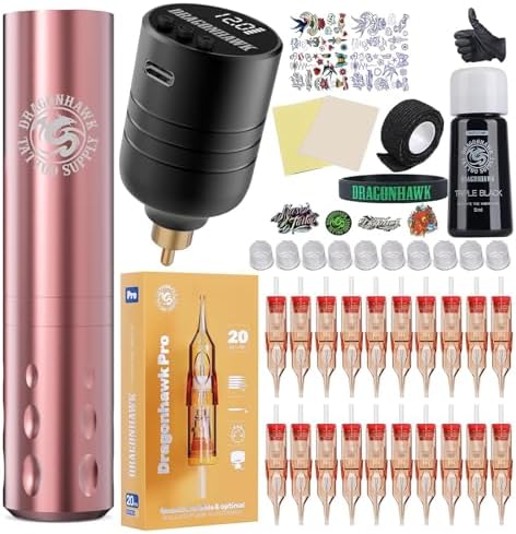 Dragonhawk S6 Pro Tattoo Pen Kit Rotary Tattoo Machine Mcore-A Motor Tattoo Cartridges Needles Supply Kits for General Artists