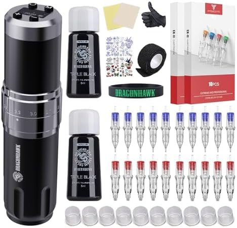 Dragonhawk Wireless Tattoo Gun Kit - Pro Rotary Tattoo Machine with 7 Strokes Length 20 Cartridges Needles Practice Skin Black Tattoo Inks for Beginners