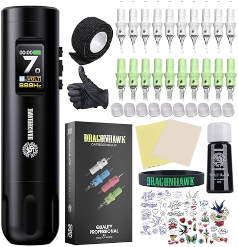 Dragonhawk X7 Wireless Tattoo Pen Kit Rotary Tattoo Machine Gun Kit - Brushless Motor by Mcore Smart Display Tattoo Pen 20Pcs Cartridges Needles - Fine Tattoo Kit