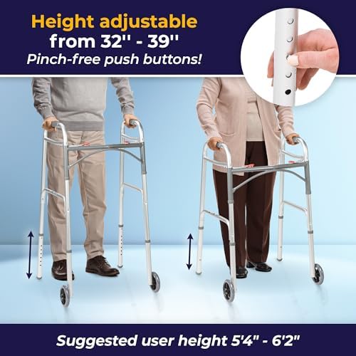 Drive Medical 10210-1 2-Button Folding Walker Silver Aluminum Adult 32-39 Inches 350 Lbs Capacity Wheeled Foldable