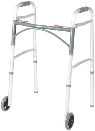 Drive Medical 10210-1 2-Button Folding Walker Silver Aluminum Adult 32-39 inches 350 lbs Capacity Wheeled Foldable