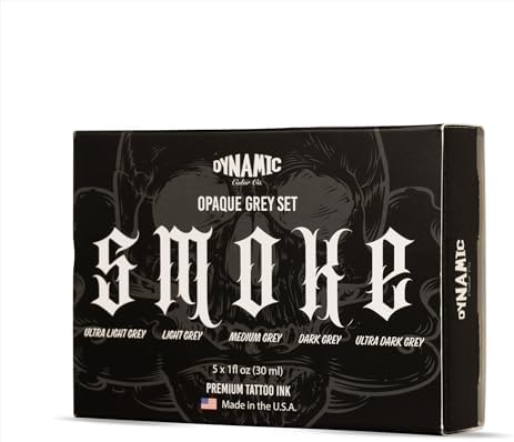 Dynamic Color Co- Smoke Set Opaque Grey Tattoo Ink 5 Shades Ultra Light To Ultra Dark Made In USA Sterilized 1 Oz Bottles - Professional Tattoo Artists