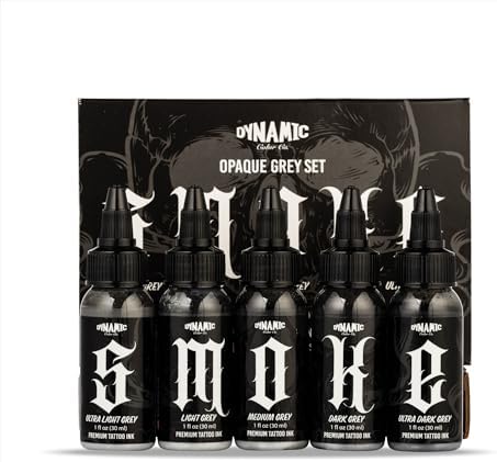Dynamic Color Co- Smoke Set Opaque Grey Tattoo Ink 5 Shades Ultra Light To Ultra Dark Made In USA Sterilized 1 Oz Bottles - Professional Tattoo Artists