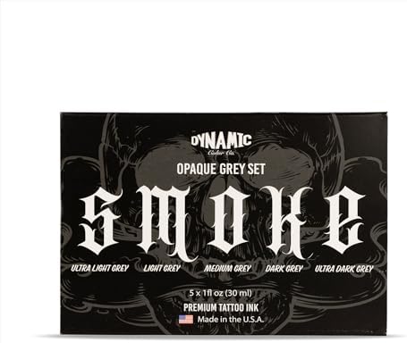 Dynamic Color Co- Smoke Set Opaque Grey Tattoo Ink 5 Shades Ultra Light to Ultra Dark Made in USA Sterilized 1 oz Bottles - Professional Tattoo Artists