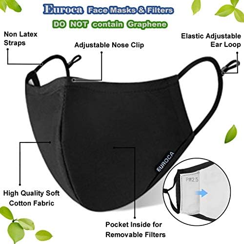 Euroca 3 Layers Face Masks Reusable Washable Breathable Made From Cotton Fabric With Nose Clip Adjustable Ear Loop For Adult - 2 Filters Included (Black Large)