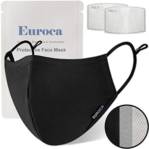 Euroca 3 Layers Face Masks Reusable Washable Breathable Made from Cotton Fabric With Nose Clip Adjustable Ear Loop For Adult - 2 Filters Included (Black Large)