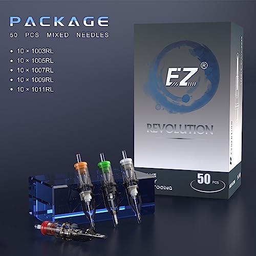 EZTAT2 Tattoo Cartridge Needles Assorted - 50Pcs #10 Mixed (3RL 5RL 7RL 9RL 11RL) Bugpin Round Liner Tattoo Needle Cartridges For Tattooing Rotary Tattoo Pen Machine Supply - Revolution