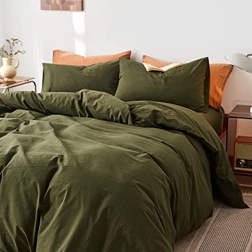 FANSTIVE Duvet Cover Set King Size 100% Washed Cotton Linen Like Super Soft And Breathable 3 Pieces Olive Green Bedding Duvet Covers Farmhouse Comforter Cover With Zipper Closure(No Comforter)