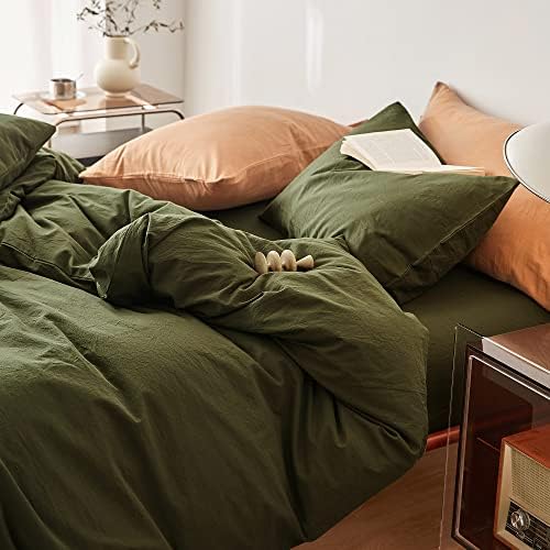 FANSTIVE Duvet Cover Set King Size 100% Washed Cotton Linen Like Super Soft And Breathable 3 Pieces Olive Green Bedding Duvet Covers Farmhouse Comforter Cover With Zipper Closure(No Comforter)