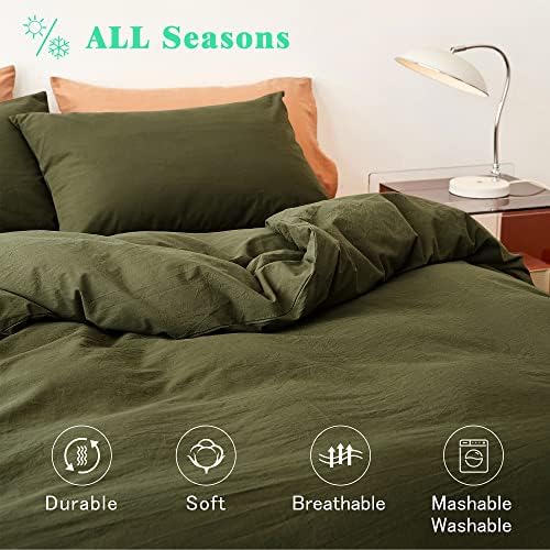 FANSTIVE Duvet Cover Set King Size 100% Washed Cotton Linen Like Super Soft And Breathable 3 Pieces Olive Green Bedding Duvet Covers Farmhouse Comforter Cover With Zipper Closure(No Comforter)