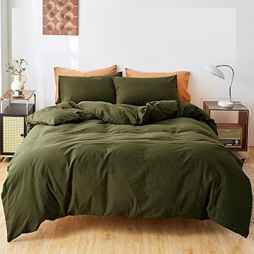 FANSTIVE Duvet Cover Set King Size 100% Washed Cotton Linen Like Super Soft and Breathable 3 Pieces Olive Green Bedding Duvet Covers Farmhouse Comforter Cover with Zipper Closure(No Comforter)