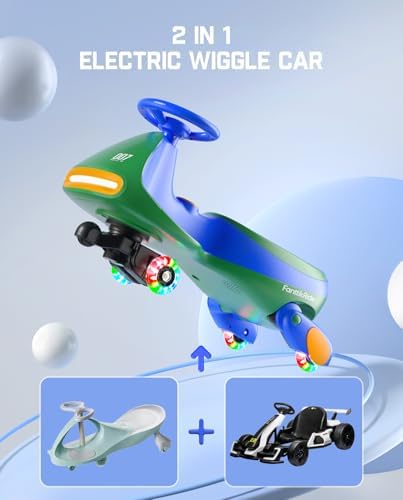 FanttikRide N7 Pro Electric Wiggle Car With Pedal Rechargeable Battery CyberWiggle 2 In 1 Swing Car 2 Speed Anti-Rollover Flashing Wheels Bluetooth For Ages 3 And Up 150 Lbs Green