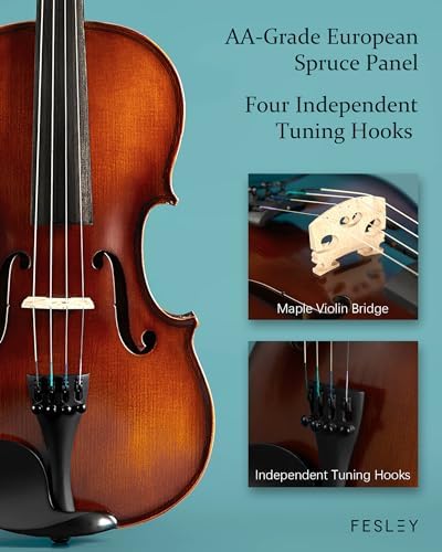 Fesley Violin Fiddle Full Set: 4/4 Matt Violin Kit For Beginners Acoustic Violin With Hard Case Solidwood Hand Made Starter Kit With Violin Bow Rosin Shoulder Rest Tuner Extra Strings