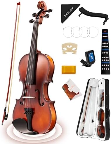 Fesley Violin Fiddle Full Set: 4/4 Matt Violin Kit for Beginners Acoustic Violin with Hard Case Solidwood Hand Made Starter Kit with Violin Bow Rosin Shoulder Rest Tuner Extra Strings