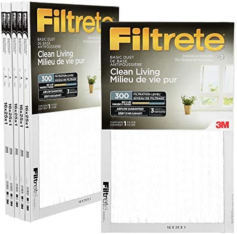 Filtrete 16x25x1 Furnace Filter MPR 300 MERV 5 Clean Living Basic Dust 3-Month Pleated 1-Inch Air Filters 6 Filters