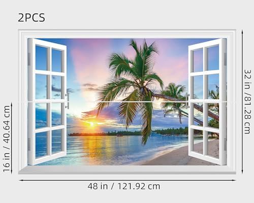 FLFK Fake Window Wall Mural - Sunrise Over The Sea Faux Window Wall Sticker For Wall Decor Stick And Peel Wall Decals 48"x32" Set Of 2 Sheets