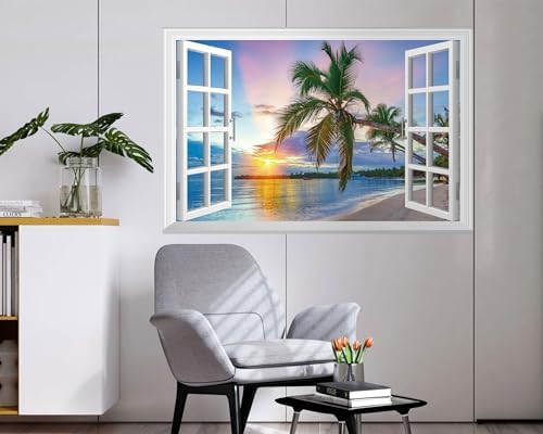 FLFK Fake Window Wall Mural - Sunrise Over The Sea Faux Window Wall Sticker For Wall Decor Stick And Peel Wall Decals 48"x32" Set Of 2 Sheets