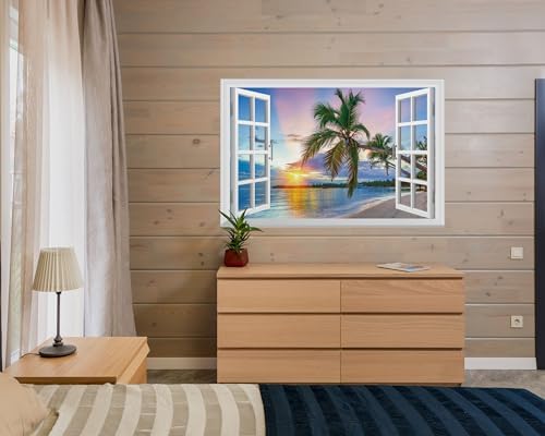 FLFK Fake Window Wall Mural - Sunrise Over The Sea Faux Window Wall Sticker For Wall Decor Stick And Peel Wall Decals 48"x32" Set Of 2 Sheets