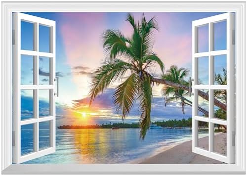 FLFK Fake Window Wall Mural - Sunrise Over The Sea Faux Window Wall Sticker for Wall Decor Stick and Peel Wall Decals 48"x32" Set of 2 Sheets