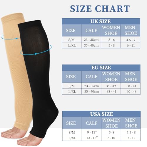 Flight Compression Socks For Women & Men 2 Pairs Toeless Compression Stockings Supports Socks Varicose Veins Socks For Maternity Pregnancy Flying Running Sports Nurse