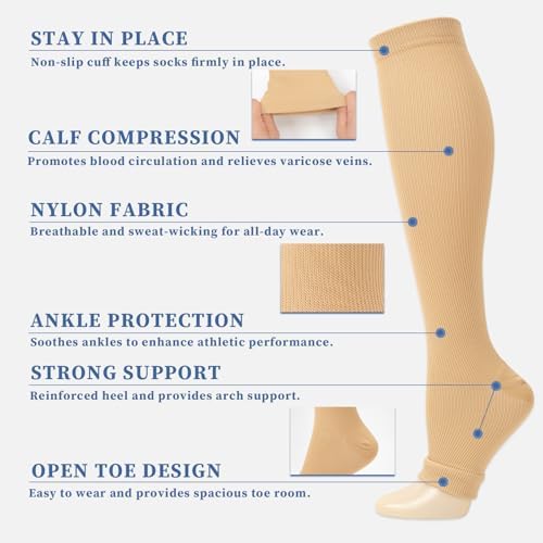 Flight Compression Socks For Women & Men 2 Pairs Toeless Compression Stockings Supports Socks Varicose Veins Socks For Maternity Pregnancy Flying Running Sports Nurse
