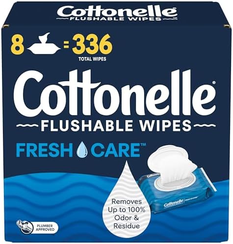 Flushable Wet Wipes; Cottonelle FreshCare; Biodegradable & Septic Safe; 8 Flip-Top Packs of 42 (336 Wipes)