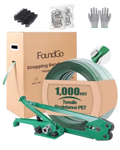 FoundGo PET Banding Strap Kit Heavy Duty Pallet Package Strap Tool > 1500 lbs 5/8" x 1000 Feet PET Strap Roll & Unique Drawer Box 100 Corner Protectors 300 Seals