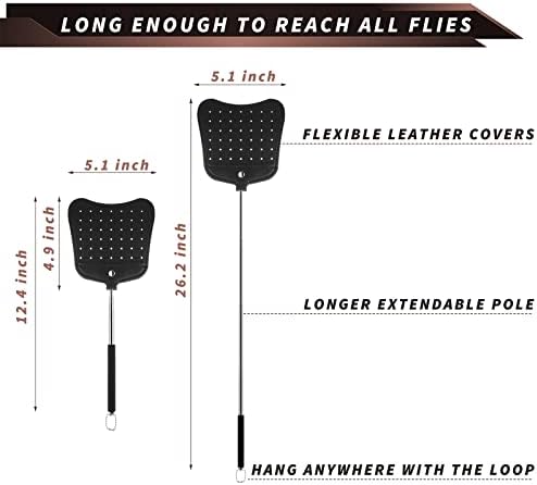 Foxany Leather Fly Swatter Telescopic Fly Swatters Heavy Duty Set Flexible Manual Flyswatters Pack Extendable Swatter With Long Stainless Steel Handle Indoor Outdoor