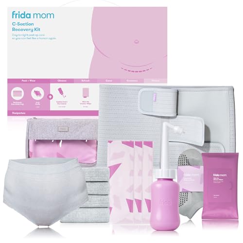 Frida Mom C-Section Recovery Must Have Kit for Labor Delivery & Postpartum Socks Peri Bottle Disposable Underwear Abdominal Support Binder Shower Wipes Silicone Scar Patches & Toiletry Bag