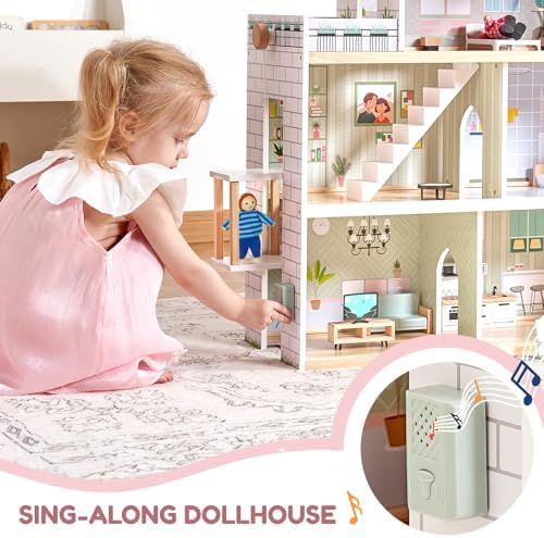 Giant Bean Large Pink Wooden Dollhouse For Girls With Furniture Doorbell Light Elevator 15 Pcs Furniture 3 Dolls 6 Rooms 2.6ft High Kids Playhouse Toy Gift For Girls 3-7+ 31.5" X 25" X 12.2"