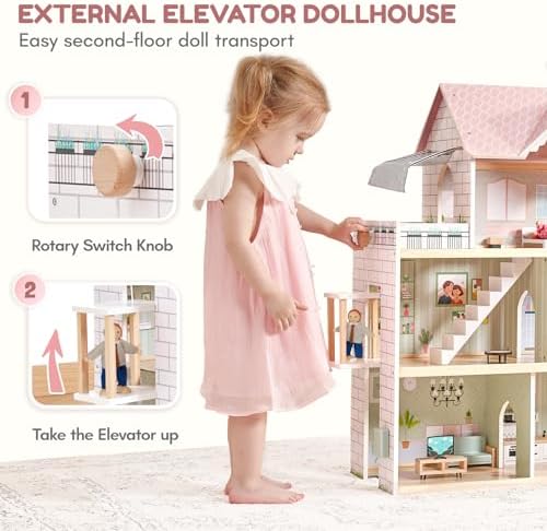 Giant Bean Large Pink Wooden Dollhouse For Girls With Furniture Doorbell Light Elevator 15 Pcs Furniture 3 Dolls 6 Rooms 2.6ft High Kids Playhouse Toy Gift For Girls 3-7+ 31.5" X 25" X 12.2"
