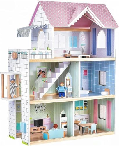 Giant Bean Large Pink Wooden Dollhouse For Girls With Furniture Doorbell Light Elevator 15 Pcs Furniture 3 Dolls 6 Rooms 2.6ft High Kids Playhouse Toy Gift For Girls 3-7+ 31.5" X 25" X 12.2"