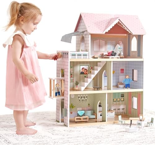 Giant bean Large Pink Wooden Dollhouse for Girls with Furniture Doorbell Light Elevator 15 Pcs Furniture 3 Dolls 6 Rooms 2.6ft High Kids Playhouse Toy Gift for Girls 3-7+ 31.5" x 25" x 12.2"