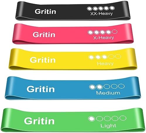 Gritin Resistance Bands Set of 5 Skin-Friendly Resistance Fitness Exercise Loop Bands with 5 Different Strength Levels - Travel Carrying Case Included - Ideal for Home Gym Yoga Training