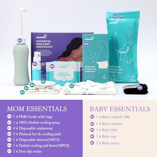 Grownsy Postpartum Mom & Baby Essential Kits Postpartum Recovery Kit For Labor &Delivery With Hospital Essentials For Women After Birth With PERI Bottle Herbal Cooling Spray Herbal Cooling Liner