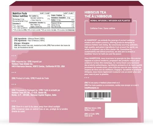 HANDPICK Hibiscus Tea Bags - 100 Count Caffeine-Free Pure Ingredients - Hibiscus Flowers Brew Hot Iced Tea Or Kombucha Tea Round Nutritious Herbal Tea Bags