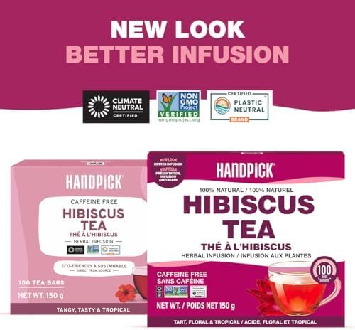 HANDPICK Hibiscus Tea Bags - 100 Count Caffeine-Free Pure Ingredients - Hibiscus Flowers Brew Hot Iced Tea Or Kombucha Tea Round Nutritious Herbal Tea Bags